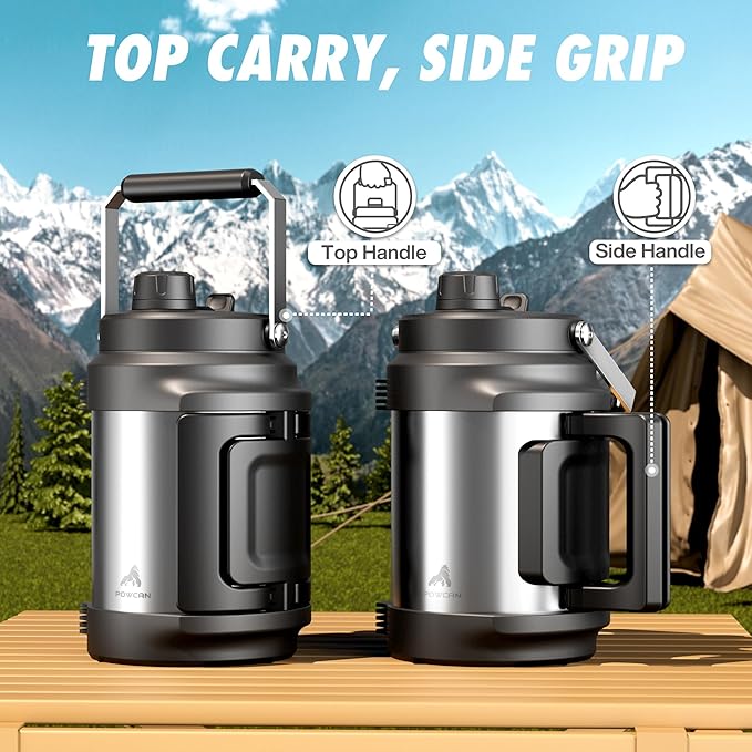 64 oz Stainless Steel Water Bottle for Camping: 2-in-1 Straw Spout Lid, Dual Handle, Leakproof, Keep Cold 48H, Half Gallon Insulated Water Jug for Outdoors, Fitness, Journey, Fishing, Work (Steel)
