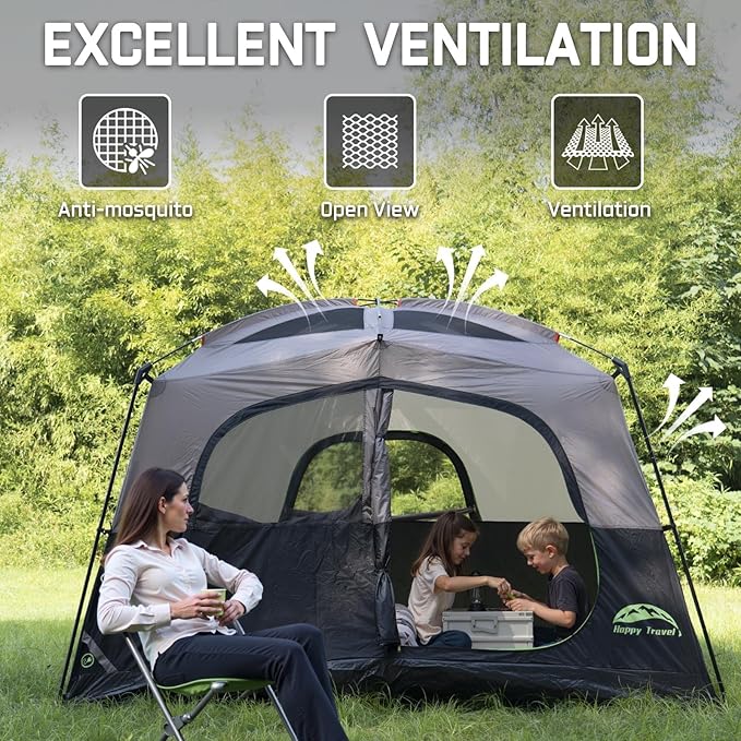Happy Travel Tent 6 Person Tents for Camping, Waterproof Easy Setup Camping Tent with Rainfly, Portable Large Family Cabin Tent with 5 Large Mesh Windows and Carry Bag for Outdoor Camping & Hiking