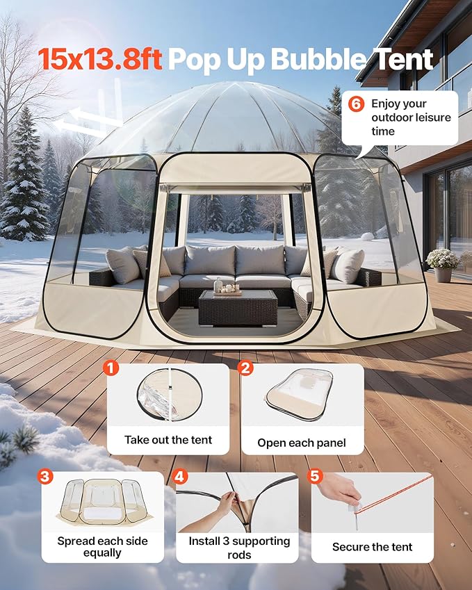 VEVOR Pop up Sports Tent, 8 Sizes Optional Clear Bubble Tent for 1-6 Person, Waterproof Outdoor Pod with Floor Mat & Top Cover, Garden Igloo Dome Tents Camping Shelter for Sports Watching