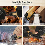 8.5" Military Outdoor Hunting Camping Pocket Knife, 7 in 1 Multi-Function Folding Knives with Fire Starter LED Light Seatbelt Cutter Glass Breaker Bottle Opener Tactical Blade (Gold)