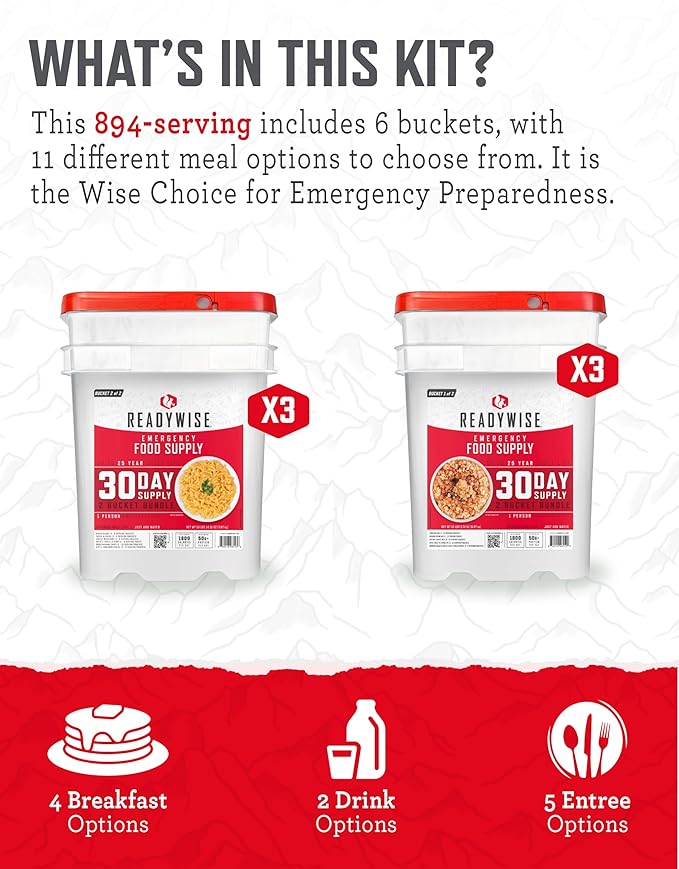 ReadyWise 3 Month Emergency Food Supply - 894 Servings, 6 Buckets, Freeze Dried Protein Meals, Disaster Survival Food Storage Kit, Ready to Eat, Camping Essentials, up to 25 Year Shelf Life