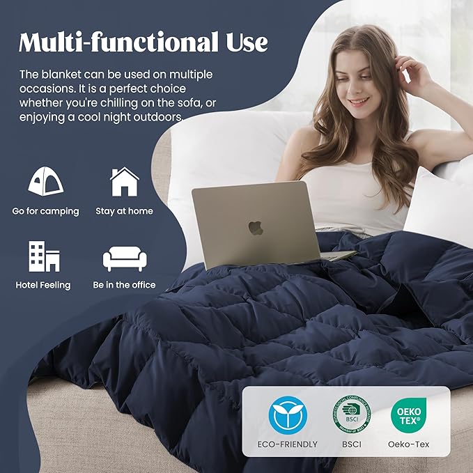 puredown® Queen Size Blanket for Bed, Ultra Soft Lightweight Down & Feather Fill, All Season Microfiber Blanket, Machine Washable, 88"X90", Navy