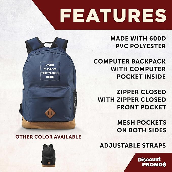 DISCOUNT PROMOS Custom Multipurpose Laptop Backpacks Set of 10/40/80, Personalized Bulk Pack - Lots of Features for Everyday Use, Perfect for Employess, Businessman - Blue