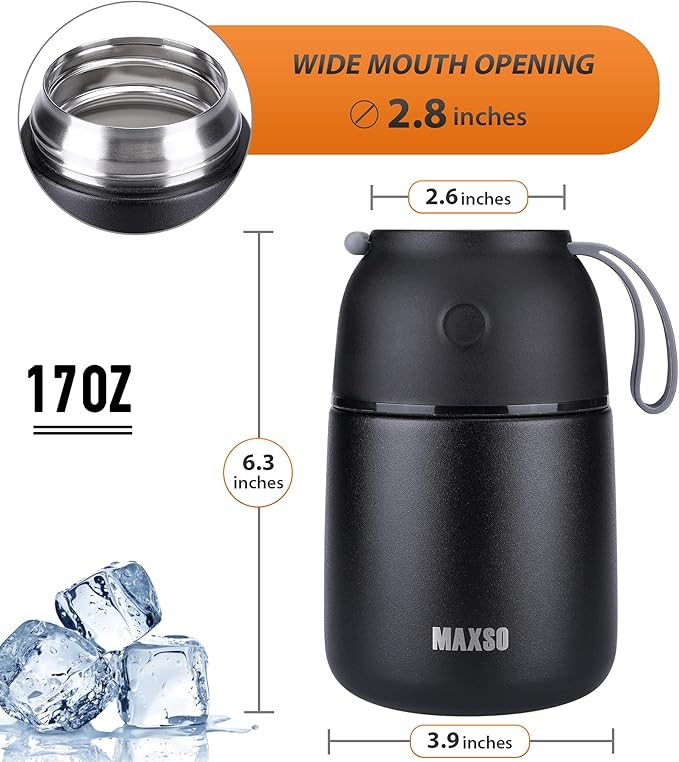 MAXSO Soup Thermo for Hot & Cold Food for Adults Kids, 17 oz Vacuum Insulated Steel Lunch Container Bento Box with Spoon, Leakproof Thermal Food Jar for School Office Travel - Black