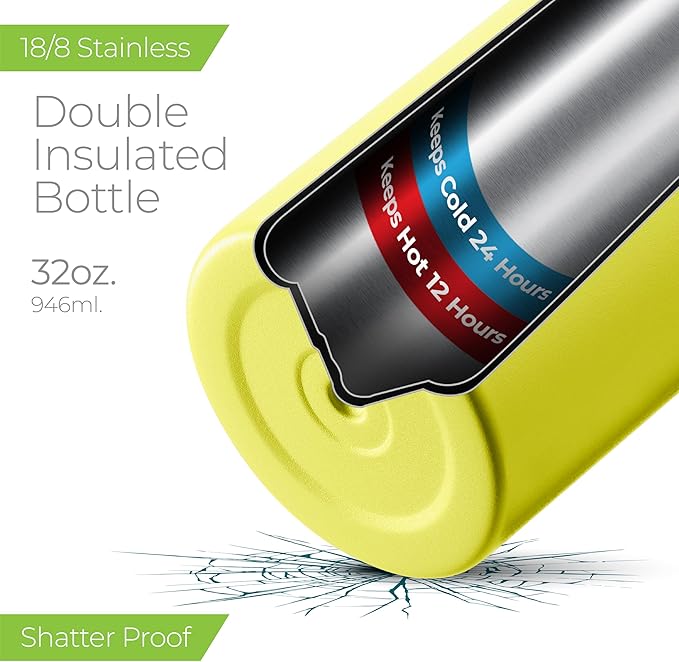 SipX™ Triple-Insulated Stainless Steel Water Bottle 32oz. With 3 Lids, BPA-Free Reusable Insulated Water Bottle Keeps Cold 24 Hours, (Yellow)