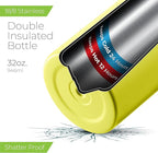 SipX™ Triple-Insulated Stainless Steel Water Bottle 32oz. With 3 Lids, BPA-Free Reusable Insulated Water Bottle Keeps Cold 24 Hours, (Yellow)