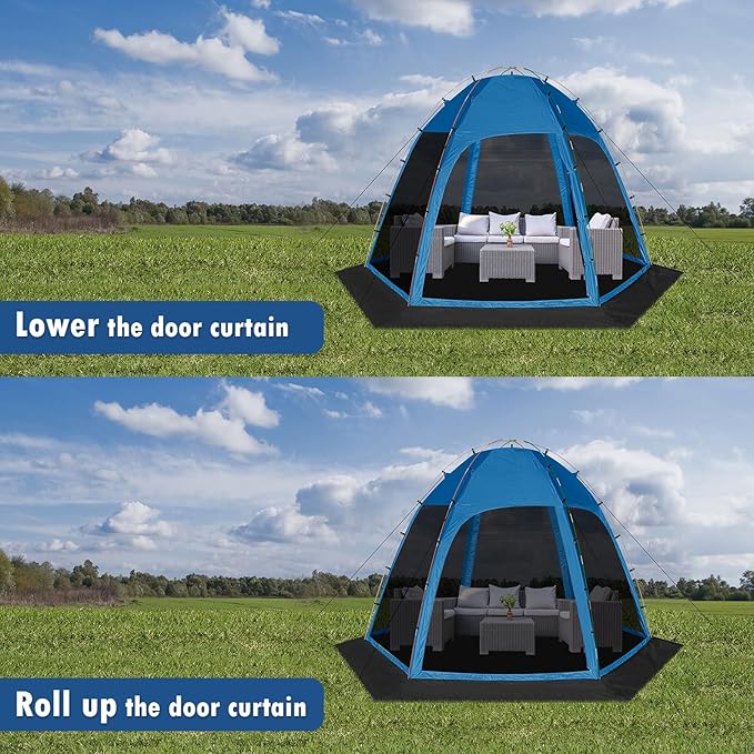Screen Tent with Removable Floor, Siebwin 10'x10' Six-Sided Gazebos with Mosquito Netting Sunproof Outdoor Canopy Tent for 4-6 People Family Backyard Party Outside Activities, Blue