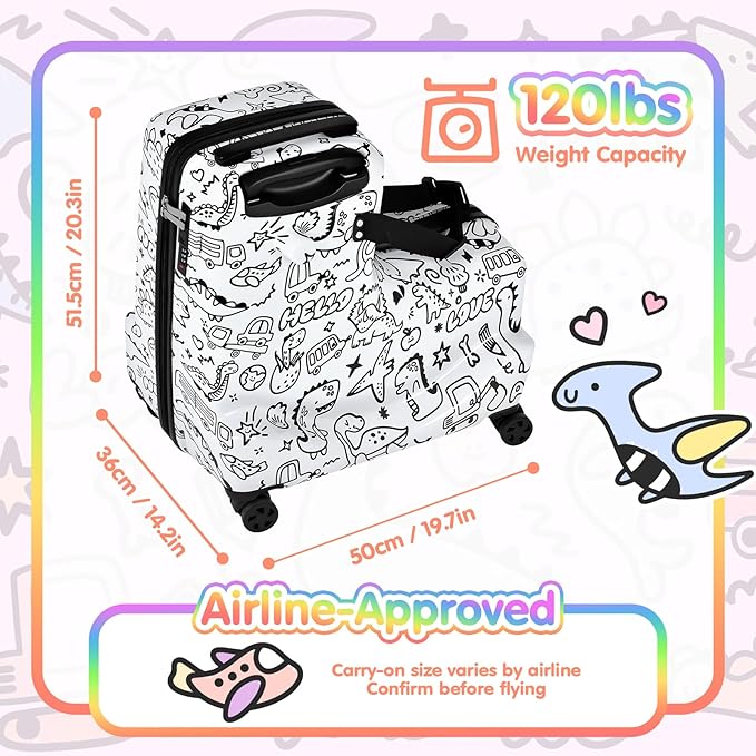 smilesun Kids Ride-On Suitcase with DIY Graffiti Coloring Design, 20" Hardshell Luggage with 4 Spinner Wheels, Safety Belt & TSA Lock – Fun and Rideable Travel Case for Toddlers and Children