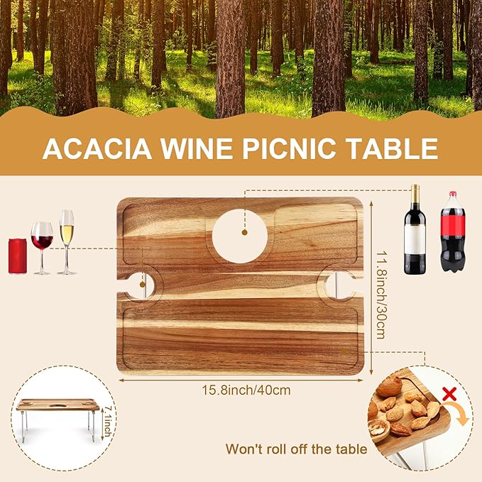 Picnic Foldable Wine Table with Natural Wood Plate Kit, Handmade Handle Portable Tray Table with Food Plate for 2 Outdoor Camping Picnic Wine Set Gift for Couples (Dark Color)