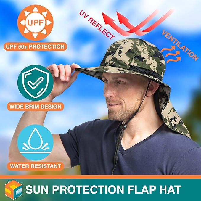 SUN CUBE Sun Hat for Men, Wide Brim Fishing Hat Neck Flap Cover Men, Women, Hiking, Camping, Sun Protection UV, Gardening