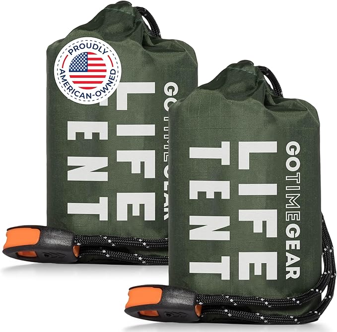 Go Time Gear Survival Life Tent • 2 Person Mylar Emergency Shelter Tube Tent + Paracord • All-Weather Protection for Camping, Hiking, & Survival Kits • Includes Emergency Whistle