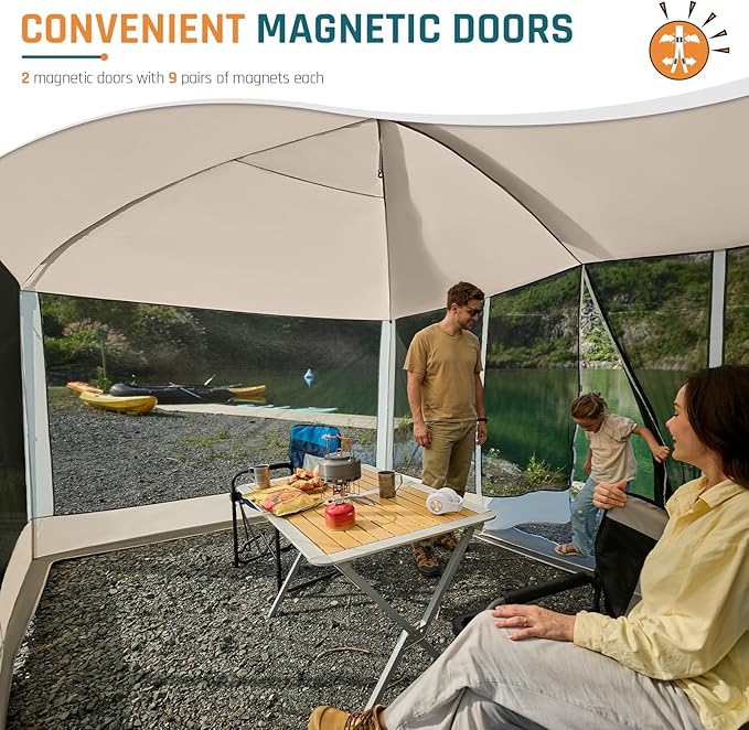 Screen House Tent 13x9ft Screen Room Mesh Gazebos w/ 2 Magnetic Doors, Included Projection Screen, Camping Tent Screened Canopy Shelter for Outdoor Patios Backyards Activities (Beige)