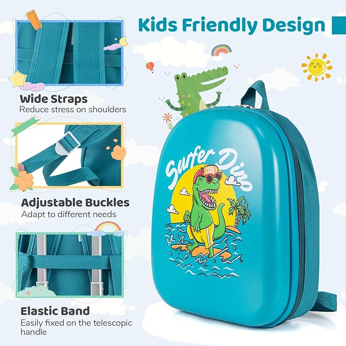 HONEY JOY Kids Luggage, Travel Backpack & Hard Shell Toddler Suitcase, Children Rolling Luggage with Wheels, Retractable Handle & 4 Casters, 2Pcs Carry On Luggage Set for Boys Girls(Green Dinosaur)