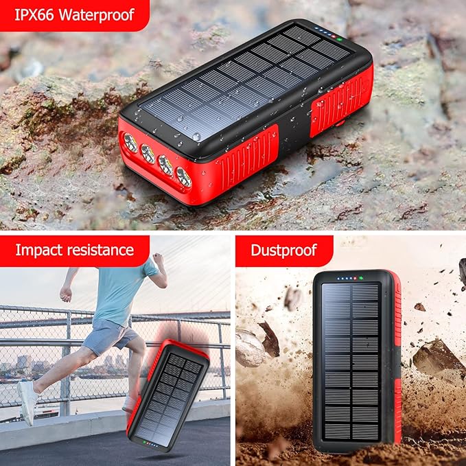 Solar Charger Power Bank 63200mAh, Portable Charger with Dual Outputs & Dual Inputs 4 LEDs Flashlight, Hand Crank Power Bank Fast Charging Battery Pack for Outdoor Camping Survival Gear
