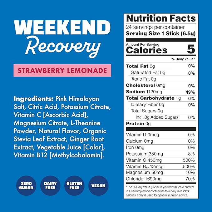 Waterboy Weekend Recovery | 3,200mg Electrolyte Powder Packets | Ginger + L-Theanine + Vitamins | No Sugar, All Natural, Gluten Free | 24 Drink Stick Mixes (Strawberry Lemonade)