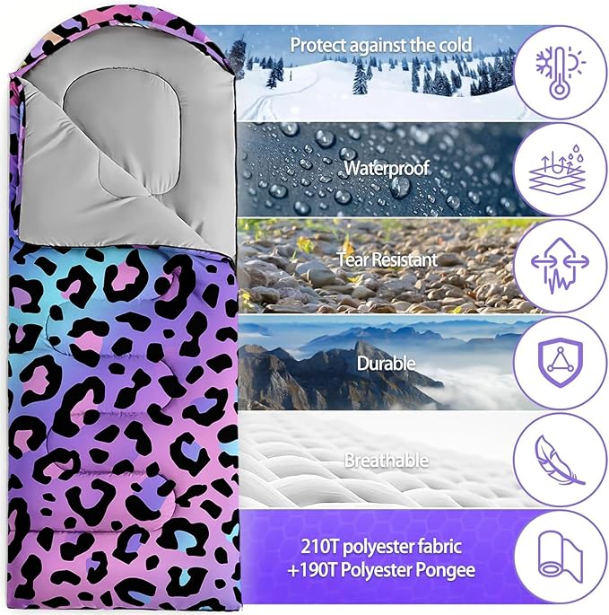 Sleeping Bags for Adults and Kids，3D Printing Camping Sleeping Bag for Girls Boys Lightweight Waterproof Cold/Warm 3-Season，Outdoor Travel with Compression Bags