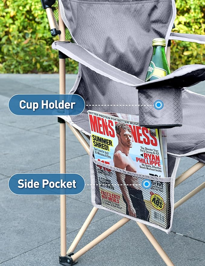 Beach Chair with Canopy Shade, Folding Camping Chair with Canopy with Cup Holder, Side Pocket for Camp, Beach, Tailgates, Fishing - Support 330 LBS