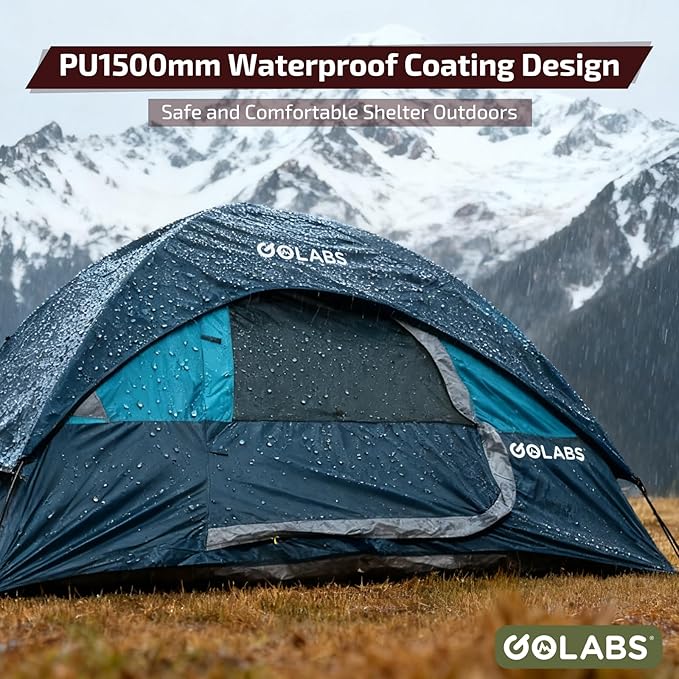Golabs CT1 2 Person Camping Tent, Easy Set Up in 3 Mins, PU1500mm Waterproof w/Mesh Top & Door with Ventilation, Lightweight 4.4lbs Portable Family Tent with Carry Bag &Interior Storage Pockets &Hook