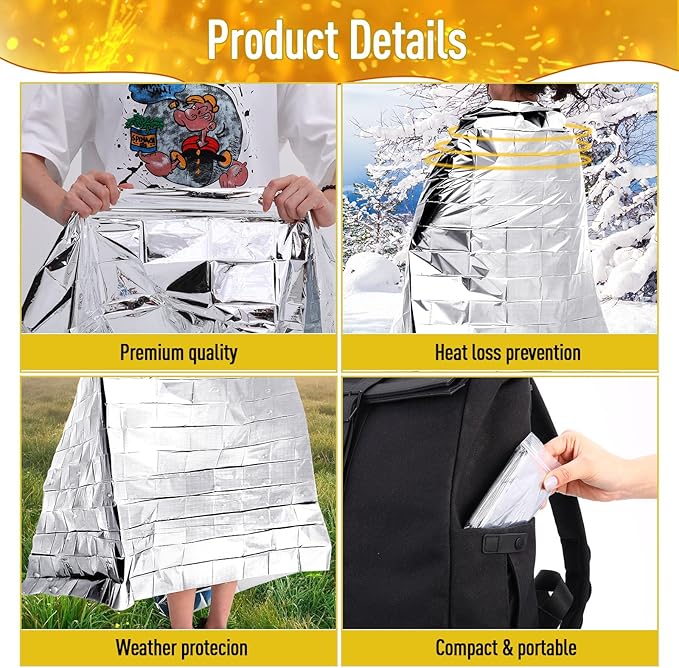 Kanayu 100 Pack Emergency Foil Thermal Blankets for Survival 82 x 63 Foil Space Blanket Kit for Outdoors Camping Hiking Homeless Survival or First Aid, 50 Pcs Golden 50 Pcs Silver