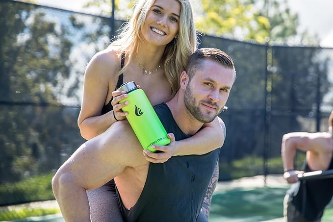 HYDRO CELL Stainless Steel Insulated Water Bottle with Straw - For Cold & Hot Drinks - Metal Vacuum Flask with Screw Cap and Modern Leakproof Sport Thermos for Adults (Neon 32oz)