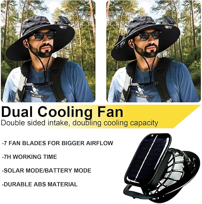 Outdoor Wide Brim Sun Hat with 2 Solar Fan for Men Women UPF50+ Outdoor Hiking Sun Protection Bucket Fishing&Cycling Hat