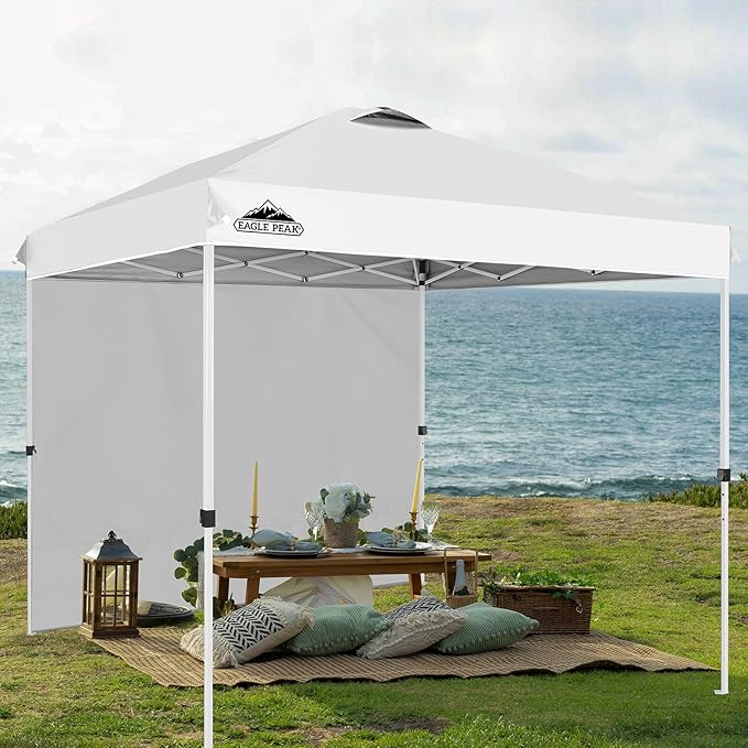 EAGLE PEAK Pop Up Canopy Tent with 1 Sidewall, Easy Setup Event Tent, Outdoor Sun Shade, Wheeled Carry Bag, Stakes and Guy Ropes, Instant Canopy 8x8, White