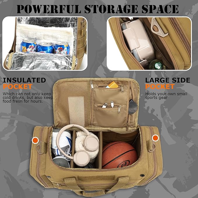 45L Gym Bag for Men & Women, Tactical Military Duffle Bag for Travel Weekender Gym Workout Deployment， Large Sports Bag for Hockey Football Baseball Soccer Basketball & Team training
