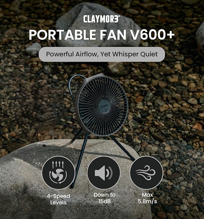 Claymore V600+ Warm Gray Rechargeable Portable Fan – 7,800mAh Battery, 4-Speed BLDC Ultra-Quiet Air Circulator USB-C Charging 32 Hrs Runtime Tripod Mountable Adjustable for Camping, Indoor, Outdoor