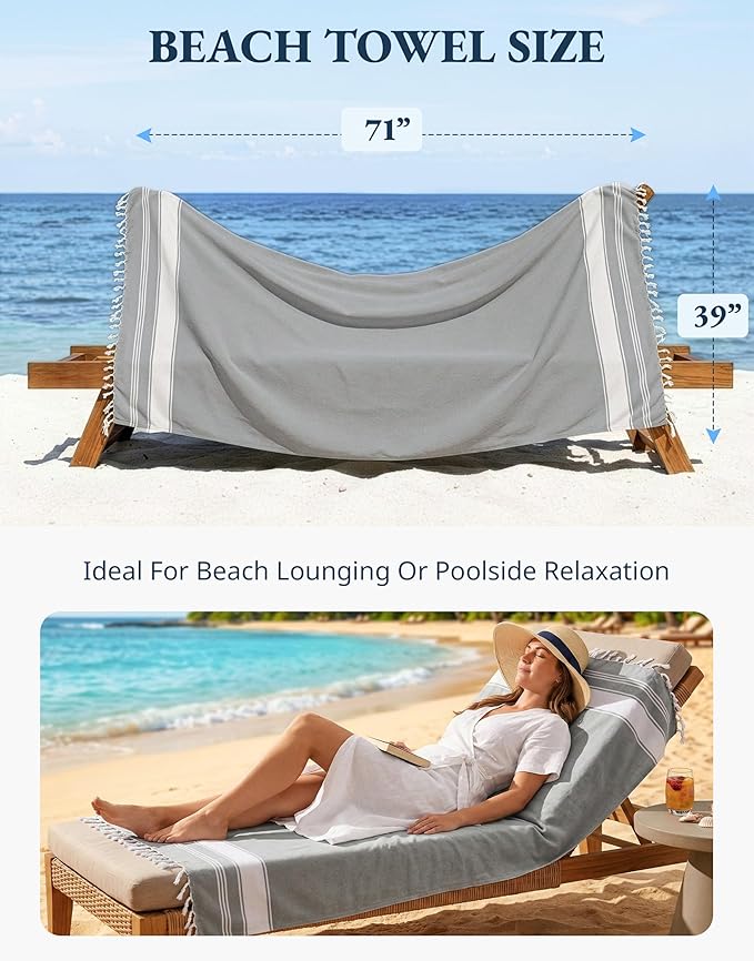 LANE LINEN Beach Towel, Oversized Beach Towel 39"x71", Lightweight Beach Essentials for Women, Large Pool Towel, Absorbent & Quick Dry, Sand Free Beach Towel - Alloy