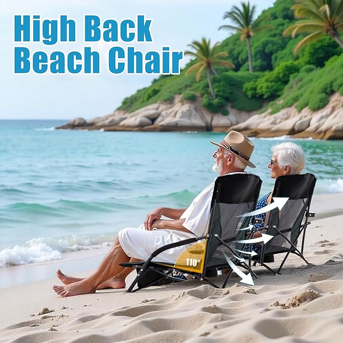 Lamberia Folding Beach Chair for Adults, Portable Low Beach Chairs with 300lbs Capacity, Lightweight Fodable Camping Chair for Travel, Picnic, Concert & Outdoor Activities, Black-Grey