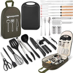 Camping Cooking Essentials Utensils Set - Camp Cookware Kitchen Accessories Kit, Camper Gear Must Haves, Stainless Steel & Silicone, RV Car Portable Outdoor Equipment Tool