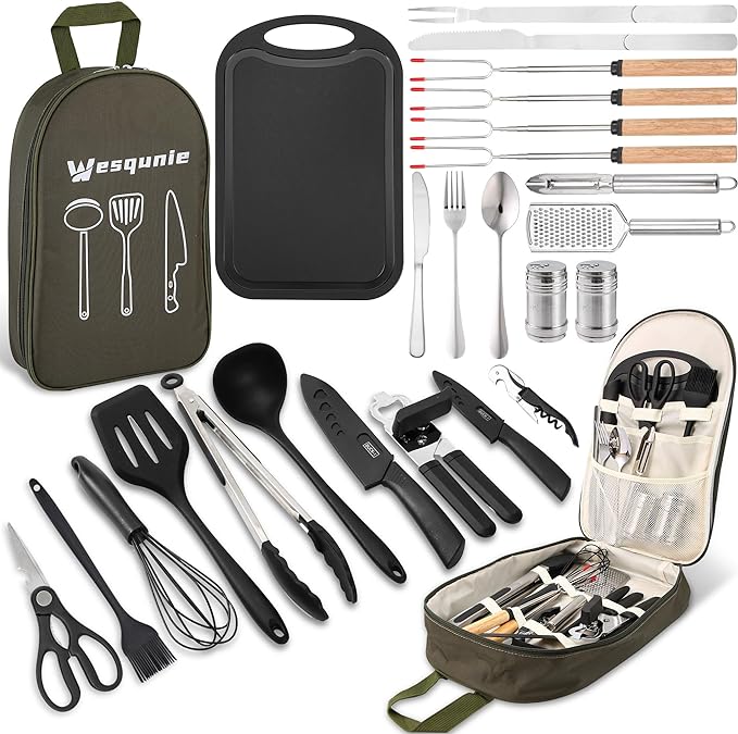 Camping Cooking Essentials Utensils Set - Camp Cookware Kitchen Accessories Kit, Camper Gear Must Haves, Stainless Steel & Silicone, RV Car Portable Outdoor Equipment Tool