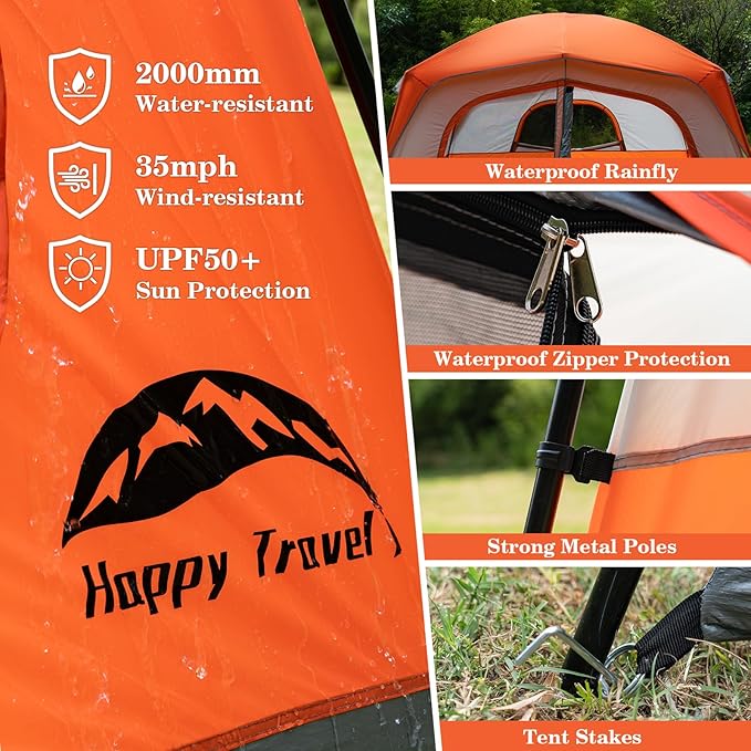 Happy Travel Tent 6 Person Tents for Camping, Waterproof Easy Setup Camping Tent with Rainfly, Portable Large Family Cabin Tent with 5 Large Mesh Windows and Carry Bag for Outdoor Camping & Hiking