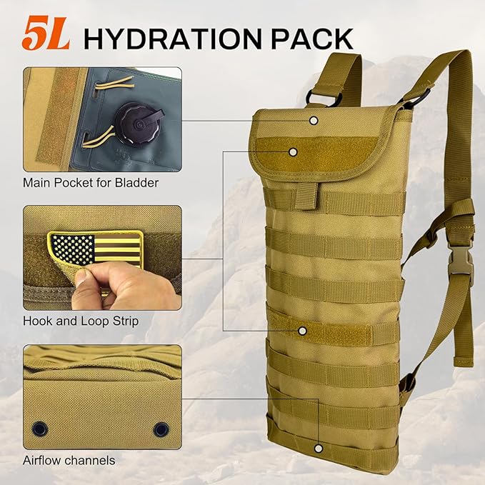 5L Hydration Pack, Water Backpack with 3L Water Bladder, MOLLE System for Outdoor Hiking, Biking, Running