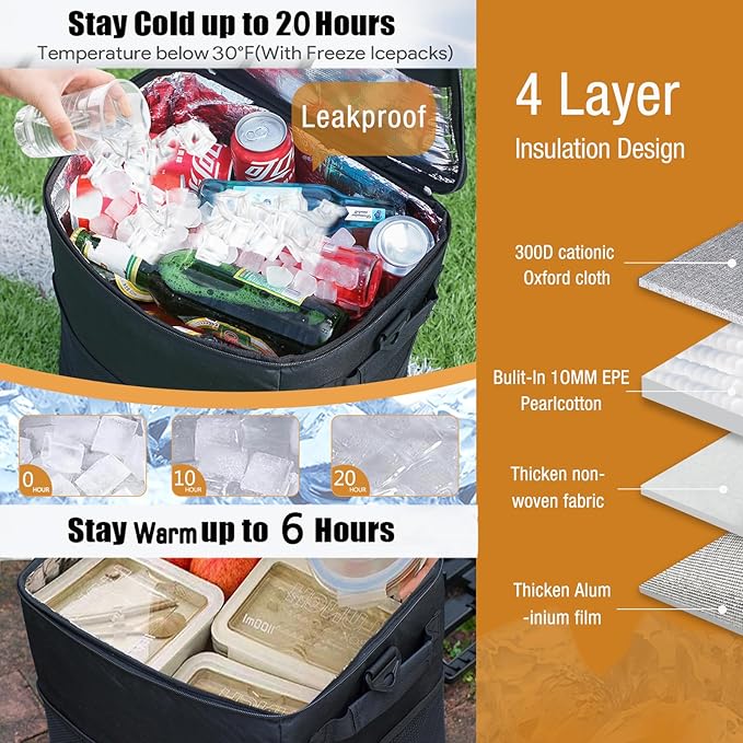 Collapsible Large Rolling Cooler 60-Can/40L,3-in-1 Insulated Soft Cooler Bag,Adjustable Wheels&Handle, Rolling Cooler Cart for Beach Camping Travel Outdoor Hot Takeout Orders