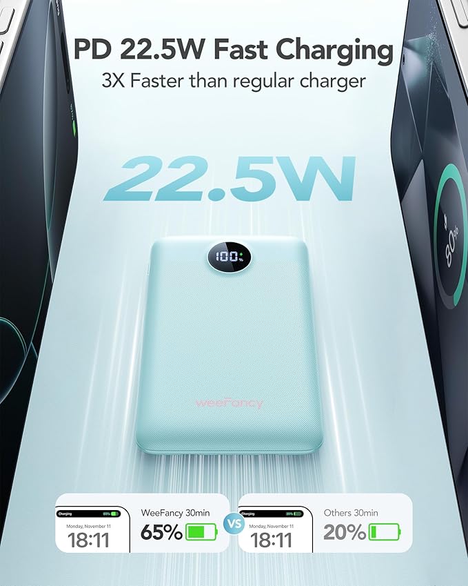 Mini Portable Charger with Built-in Cables 22.5W Fast Charging Power Bank USB-C Small Battery Pack 10000mAh Travel Essential Slim Battery for iPhone 17/16/15/14, Samsung 25/24, and More