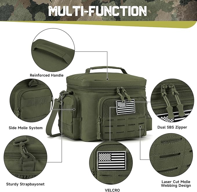 QT&QY Tactical Lunch Bag for Mens Military Heavy Duty Lunch Box Work Leakproof Insulated Durable Thermal Cooler Bag for Adult Meal for Office Camping Picnic Pail MOLLE Webbing Army Green