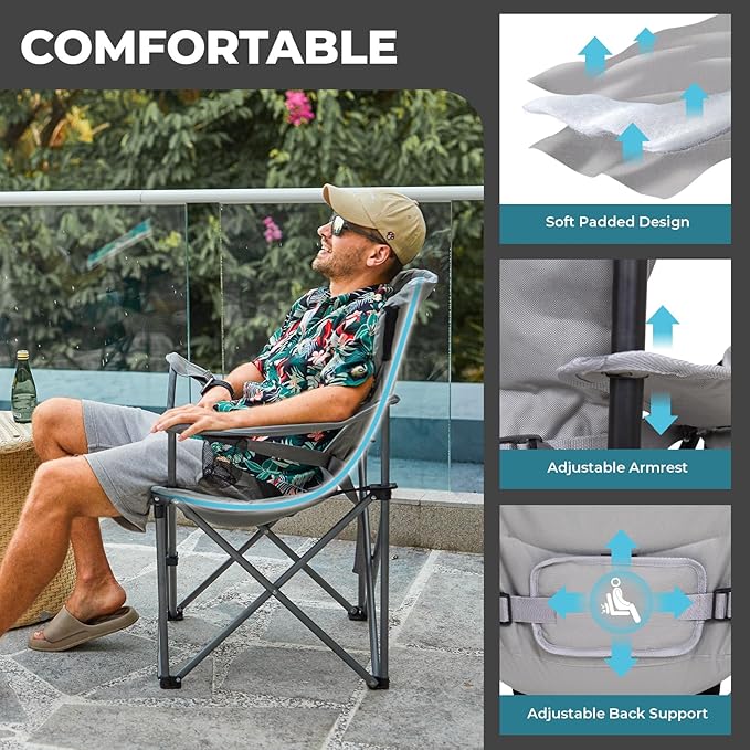 FUNDANGO Folding Camping Chair Heavy Duty, Oversized 440 Lbs Support Outdoor Camp Chairs with Lumbar Support & Cooler Pocket for Fishing Backyard Sports Beach Garden (Grey)