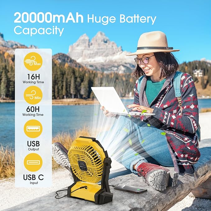 ONLYNEW Portable Fan Rechargeable, 20000mAh Cordless Battery Powered Fan with LED Lantern, USB C Battery Operated for Travel Bedroom Home Camping Tent Office Beach Desk Fishing Table (Yellow)