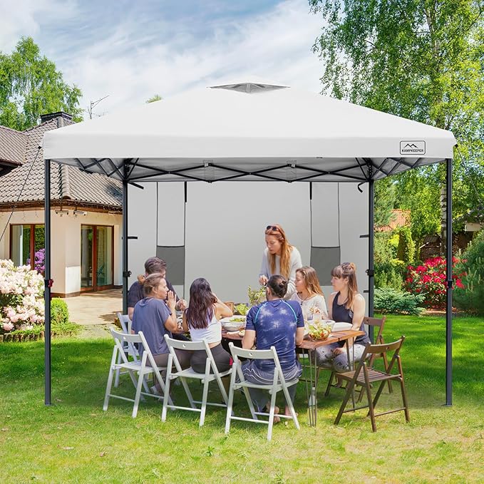 KAMPKEEPER 10x10 Pop Up Canopy Tent with Sidewall - Easy Setup Sun Shelter, Outdoor Shade with Vented Roof for Backyard | UV & Rain Portable Instant Camping Beach Canopy Tents (White)