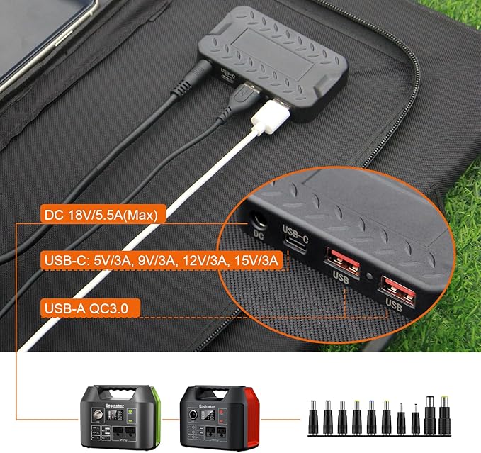 EnginStar 100W Foldable Solar Panel Charger with 18V DC Outlet for Portable Power Stations Jackery/Rockpals/Flashfish, Portable Solar Generator with USB-A USB-C QC 3.0 for Outdoor Camping Van RV Trip