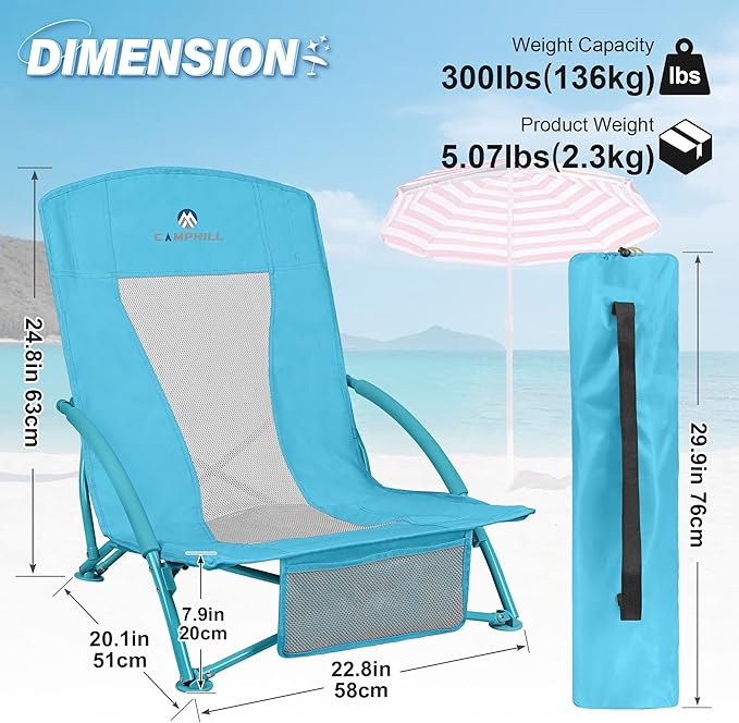 Low Beach Chairs 2 Pack,Folding Compact Low Seat Chairs for Adults w/Mesh Back& Storage Bag,Heavy Duty Chair for Outdoor Sand,Travel,Camping,Picnic,Blue