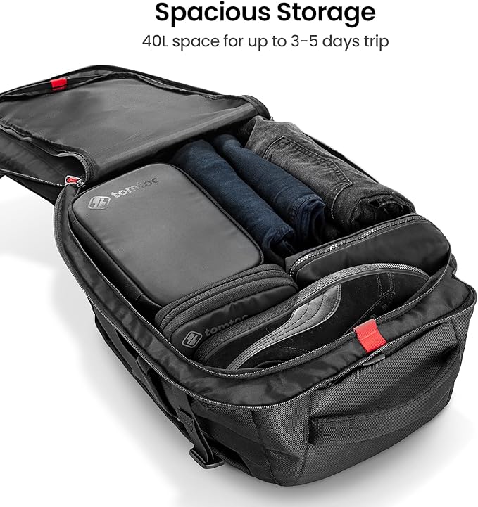 tomtoc Travel Backpack 40L, TSA Friendly Flight Approved Carry-on Luggage Hand Water-resistant Lightweight Business Rucksack, Durable Large Weekender Bag Daypack Fits 17.3 Inch Laptop, PFAS Free