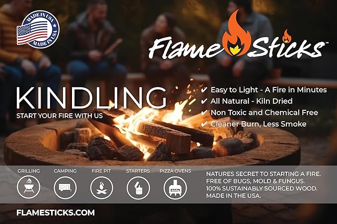 Flame Sticks Natural Wood Kindling 7–8 lbs of 5-6" Long Kiln-Dried Fire Starter Sticks, 100% Chemical-Free – Easy Lighting for Campfires, Fire Pits, Grills, Pizza Ovens & Wood Stoves