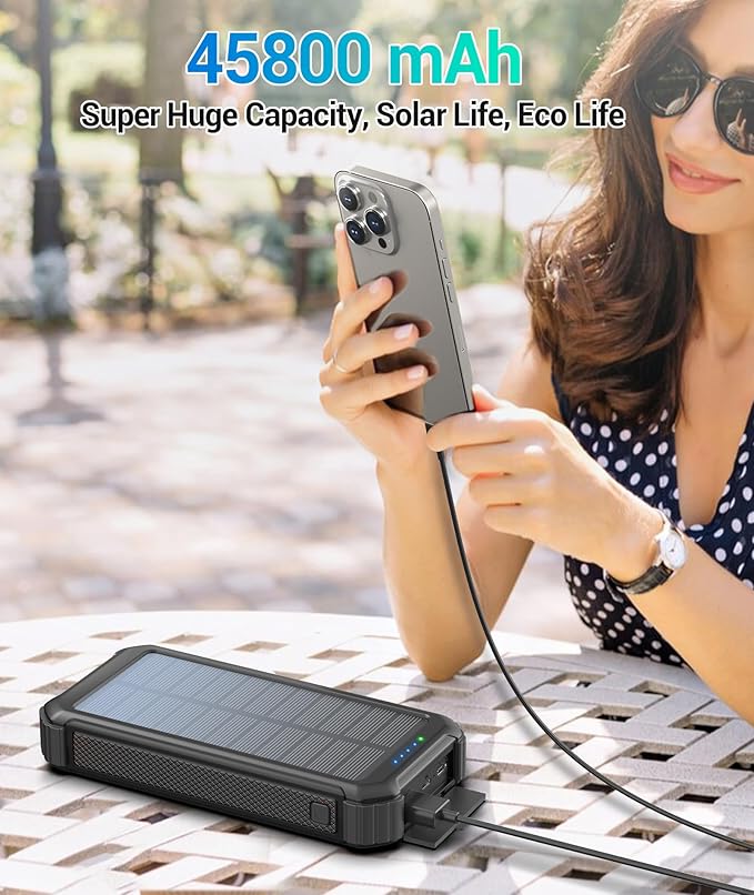 LATIMERIA 45800mAh Solar Charger Power Bank, Portable Phone Charger with 5V3.1A QC 3.0 Fast Charging, Solar Panel USB C in/Output for Cellphone, External Battery Pack with Dual Flashlights for Hiking