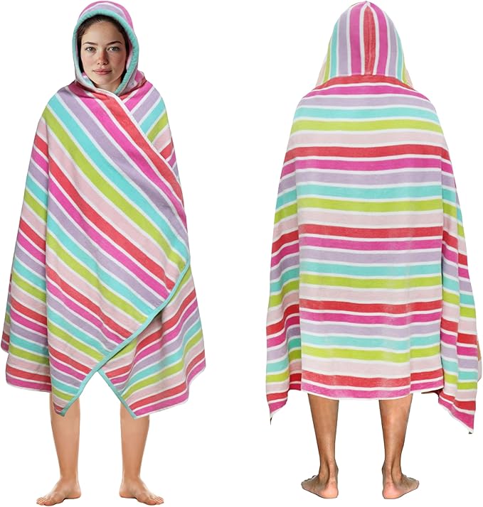 COTTON CRAFT Hooded Beach Towel - Oversized XXL 35x84 Towel with Hood for Adults - The Big Kahuna 7 Foot Beach Blanket Towel - Big & Tall Soft 100% Cotton Velour - Pool Bath Wrap - Pink Multi