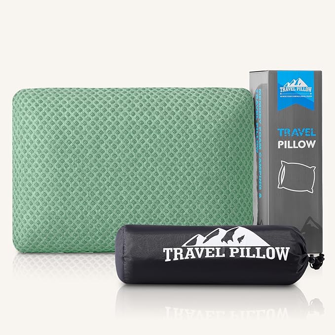 Travel Pillow Memory Foam Pillows, Camping Pillow-Compressible Medium Firm, Breathable Cover, Ideal Backpacking Hiking, Bed Pillows, Airplane and Car (Green, L)