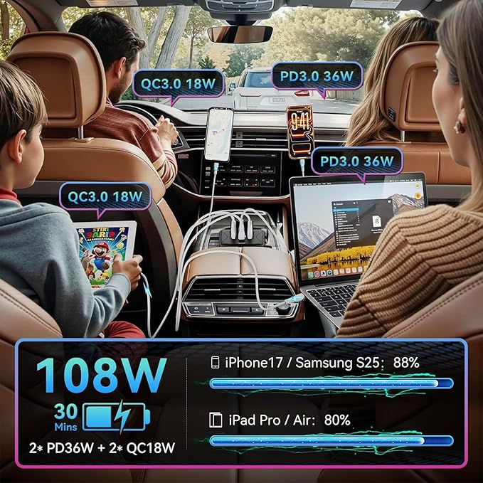 108W 4 Ports 12V RV USB Switch Outlet Voltmeter, 2*36W PD3.0 Type-C + 2*18W QC3.0 Quick Charge Panel Wall Mount Car Charger Socket Waterproof Multi-Port Adapter for Marine Truck Boat ATV Bus