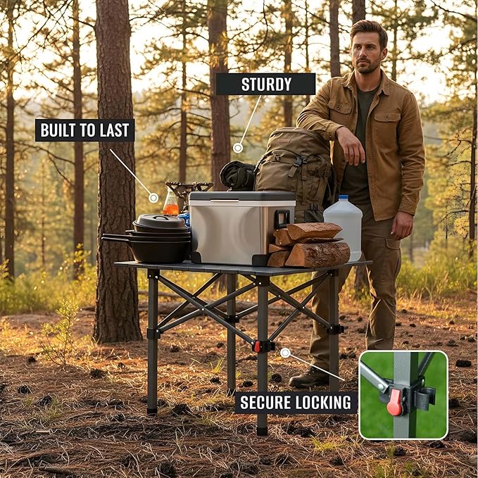 Folding Camping Table, Portable Lightweight Beach Tables for Sand Foldable, Aluminum Roll-up Folding Square Table for Outdoor Camping, Picnic, Card, Travel (Black)