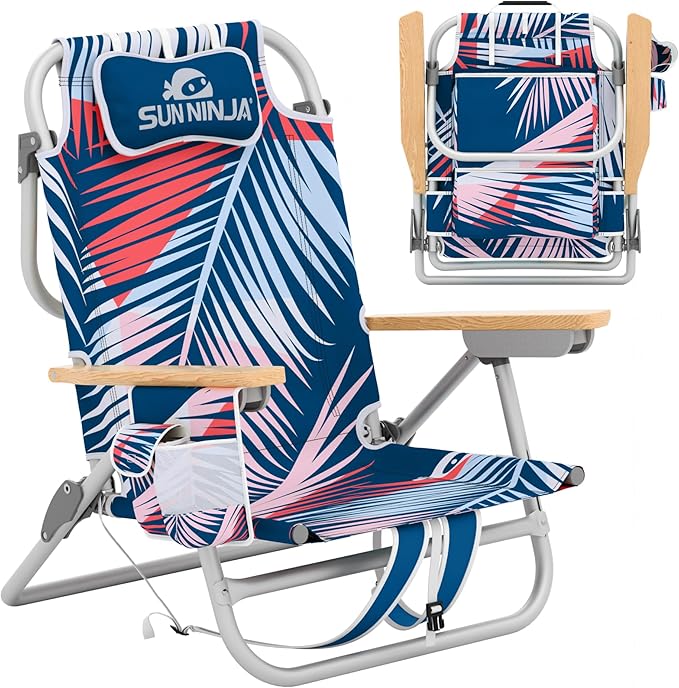 SUN NINJA Beach Chair – Folding Chair for Beach with 5 Reclining Positions, Cup & Phone Holder, Insulated Back Storage Pouch, Portable Lightweight Aluminum Frame – Palm Tree 1pc